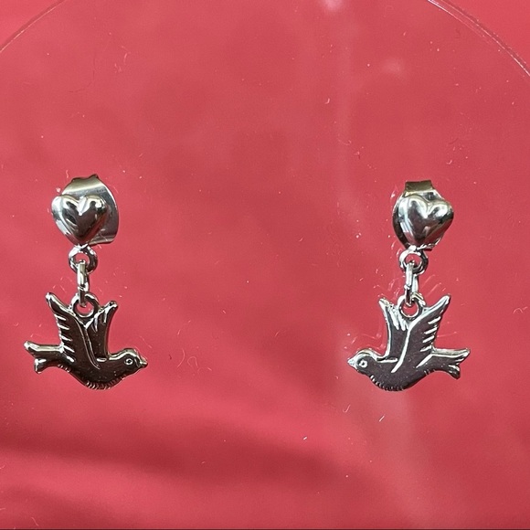 Vintage Jewelry - 3 For $10 Vintage Silver Bird with Heart Dangly Earrings